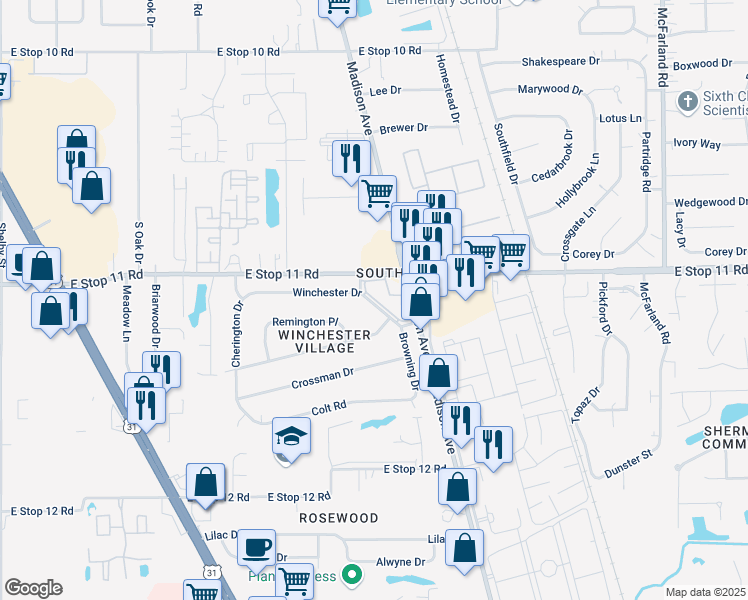 map of restaurants, bars, coffee shops, grocery stores, and more near 2025 Winchester Drive in Indianapolis