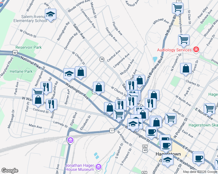 map of restaurants, bars, coffee shops, grocery stores, and more near 611 West Church Street in Hagerstown