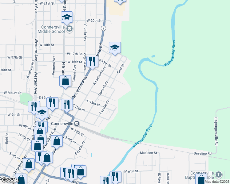 map of restaurants, bars, coffee shops, grocery stores, and more near 1420 Fayette Street in Connersville