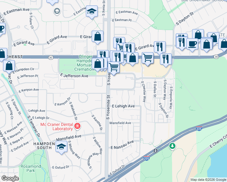 map of restaurants, bars, coffee shops, grocery stores, and more near 8900-8968 East Kenyon Avenue in Denver