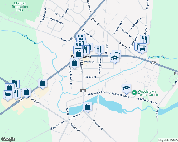 map of restaurants, bars, coffee shops, grocery stores, and more near 18 Dickinson Street in Woodstown