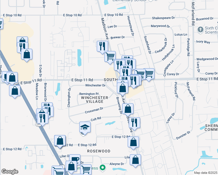 map of restaurants, bars, coffee shops, grocery stores, and more near 2025 Winchester Drive in Indianapolis