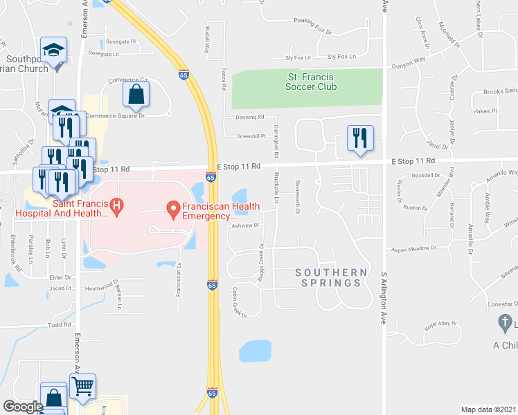 map of restaurants, bars, coffee shops, grocery stores, and more near 5546 Ashview Drive in Indianapolis