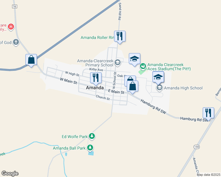 map of restaurants, bars, coffee shops, grocery stores, and more near 200 East Main Street in Amanda