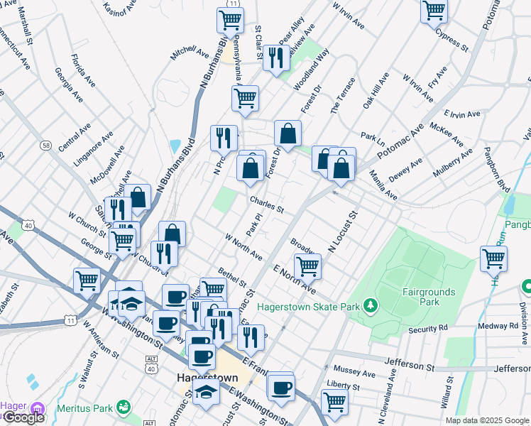 map of restaurants, bars, coffee shops, grocery stores, and more near 464 Park Place in Hagerstown