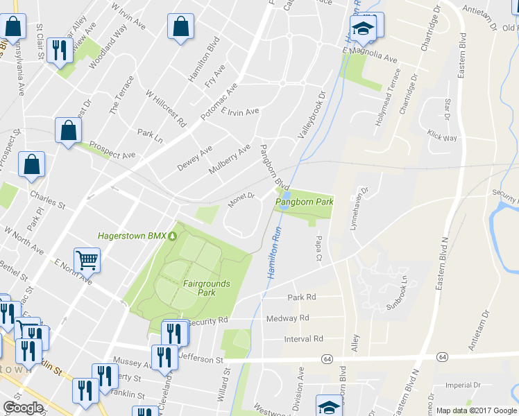 map of restaurants, bars, coffee shops, grocery stores, and more near 782 Monet Drive in Hagerstown