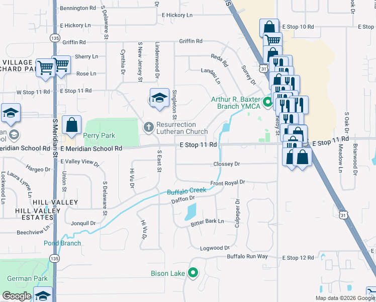 map of restaurants, bars, coffee shops, grocery stores, and more near 625 East Stop 11 Road in Indianapolis