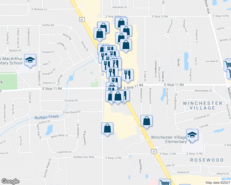 map of restaurants, bars, coffee shops, grocery stores, and more near 1155 East Stop 11 Road in Indianapolis