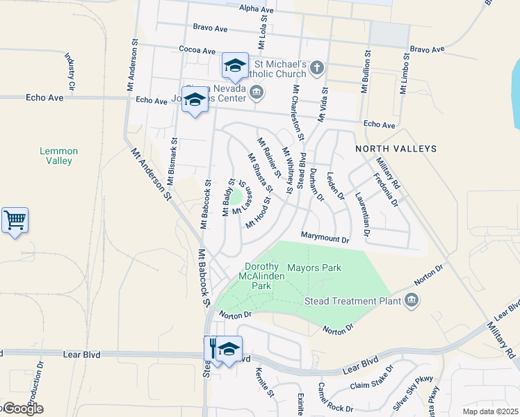 map of restaurants, bars, coffee shops, grocery stores, and more near 13393 Mount Hood Street in Reno