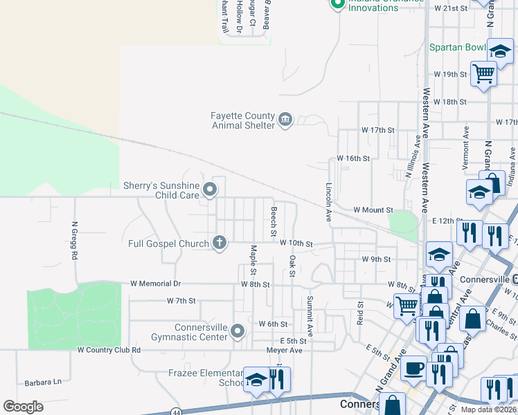map of restaurants, bars, coffee shops, grocery stores, and more near 1110 Maple Street in Connersville