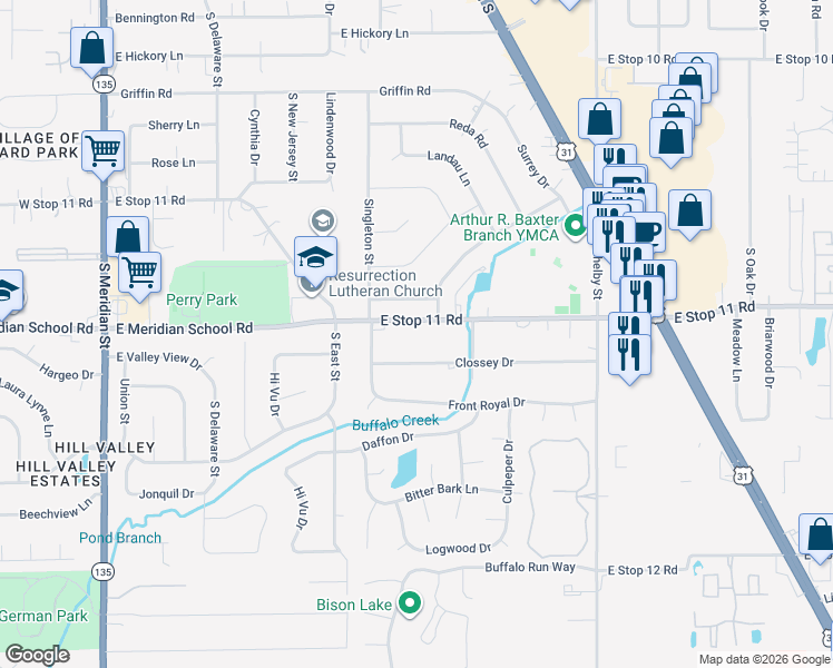 map of restaurants, bars, coffee shops, grocery stores, and more near 625 East Stop 11 Road in Indianapolis