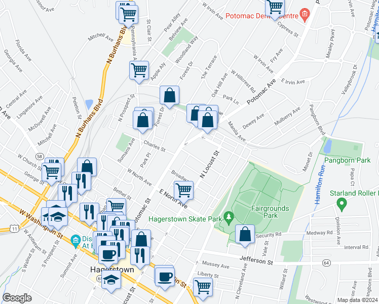 map of restaurants, bars, coffee shops, grocery stores, and more near 20 Wayside Avenue in Hagerstown