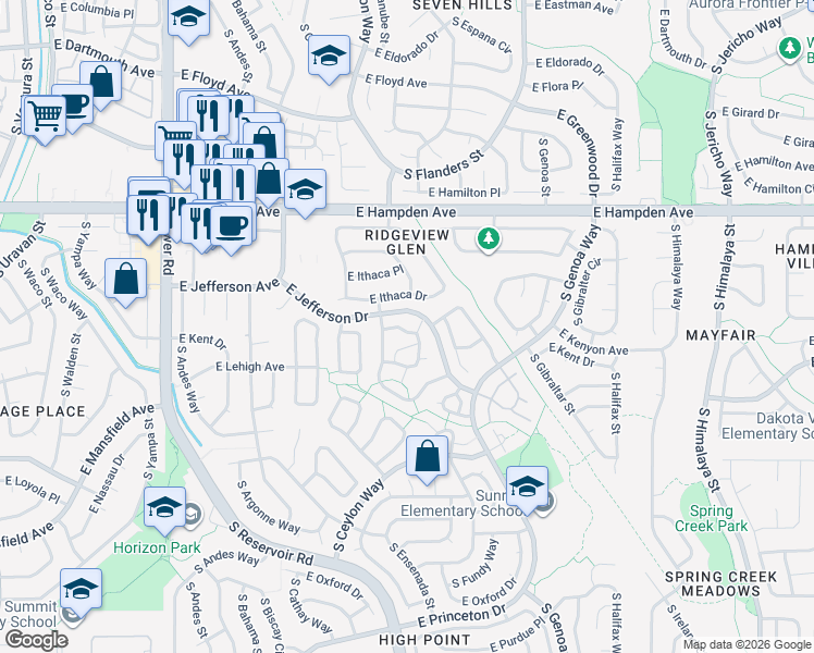 map of restaurants, bars, coffee shops, grocery stores, and more near 3680 South Danube Circle in Aurora