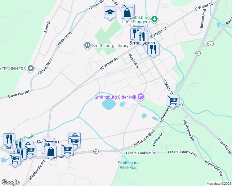 map of restaurants, bars, coffee shops, grocery stores, and more near 21 Chips Court in Smithsburg