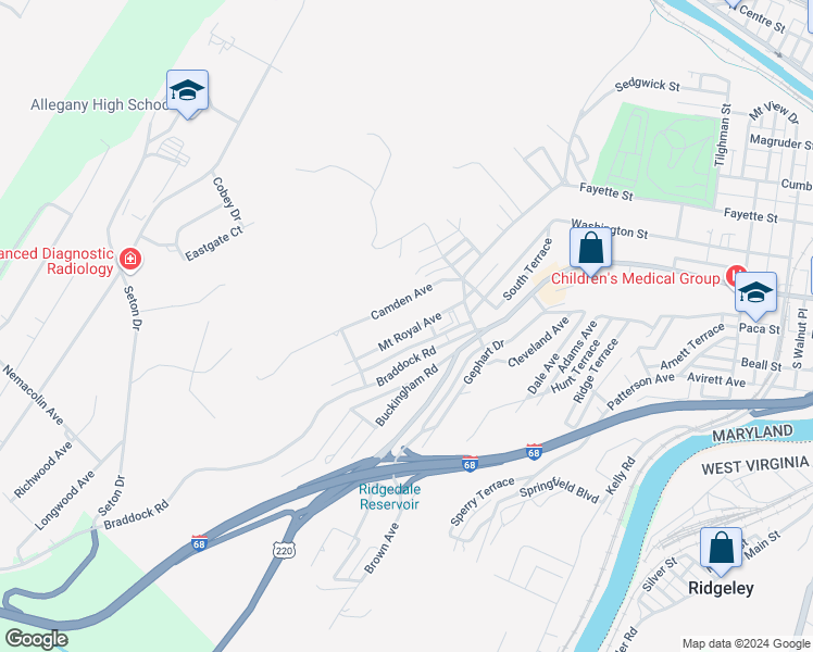 map of restaurants, bars, coffee shops, grocery stores, and more near 837 Mount Royal Avenue in Cumberland