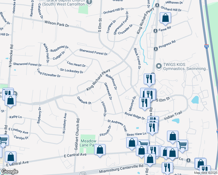 map of restaurants, bars, coffee shops, grocery stores, and more near 636 Gamewell Drive in Miamisburg