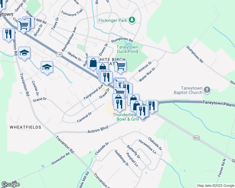map of restaurants, bars, coffee shops, grocery stores, and more near 516 East Baltimore Street in Taneytown