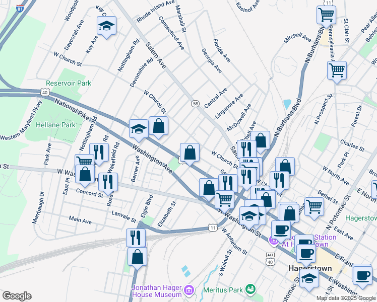 map of restaurants, bars, coffee shops, grocery stores, and more near 721 George Street in Hagerstown