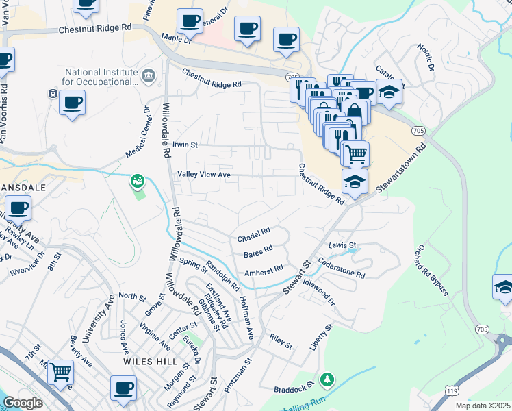 map of restaurants, bars, coffee shops, grocery stores, and more near 10 Briar Patch Lane in Morgantown