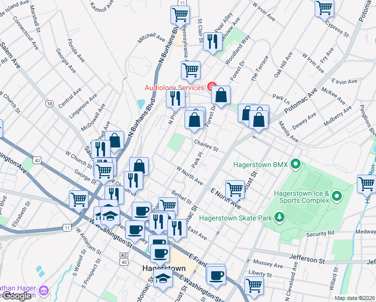 map of restaurants, bars, coffee shops, grocery stores, and more near 445 Jonathan Street in Hagerstown