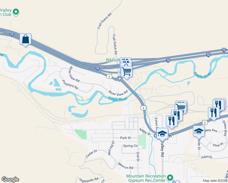 map of restaurants, bars, coffee shops, grocery stores, and more near 110 River Rd in Gypsum