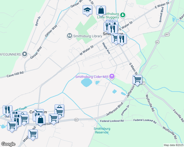 map of restaurants, bars, coffee shops, grocery stores, and more near 21 Chips Court in Smithsburg