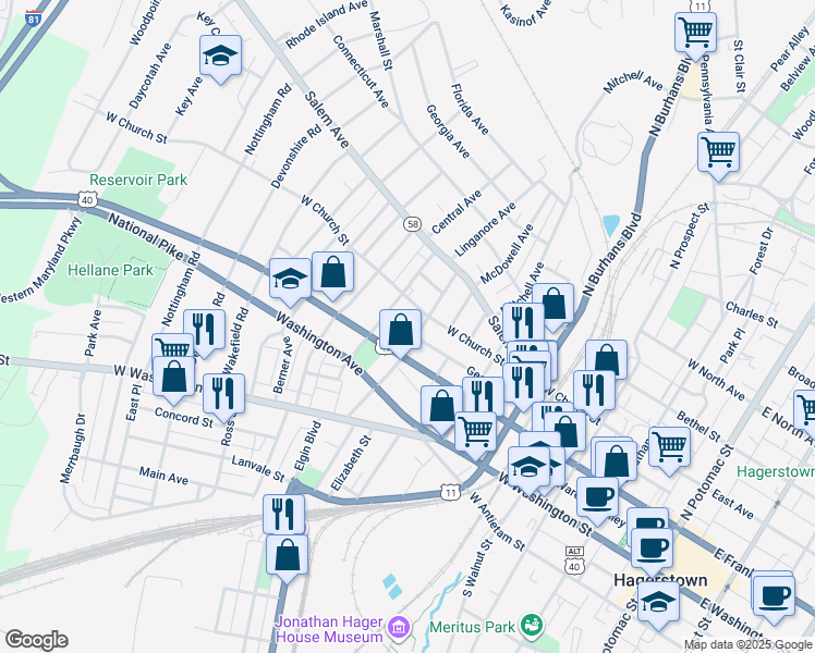 map of restaurants, bars, coffee shops, grocery stores, and more near 712 George Street in Hagerstown