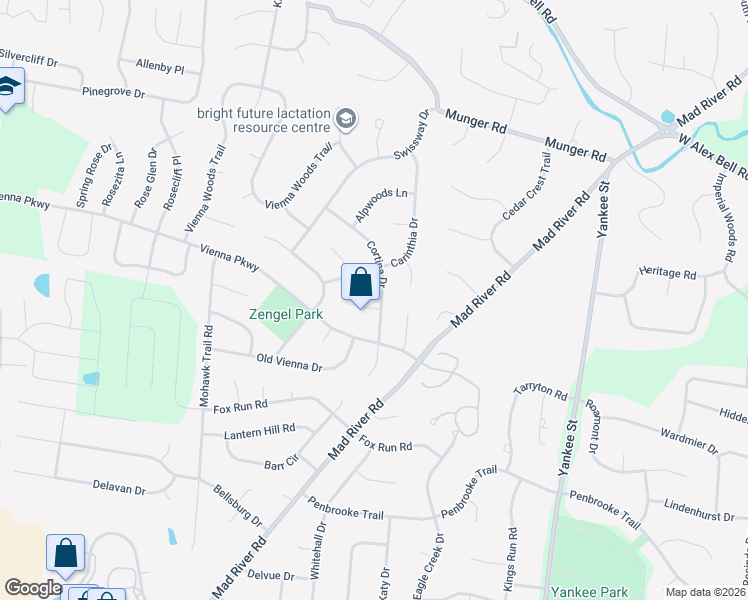 map of restaurants, bars, coffee shops, grocery stores, and more near 1940 Cortina Drive in Dayton