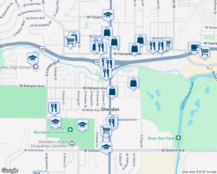 map of restaurants, bars, coffee shops, grocery stores, and more near 3689 South Federal Boulevard in Englewood