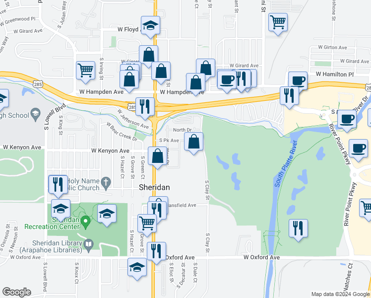 map of restaurants, bars, coffee shops, grocery stores, and more near 171 South Federal Boulevard in Sheridan