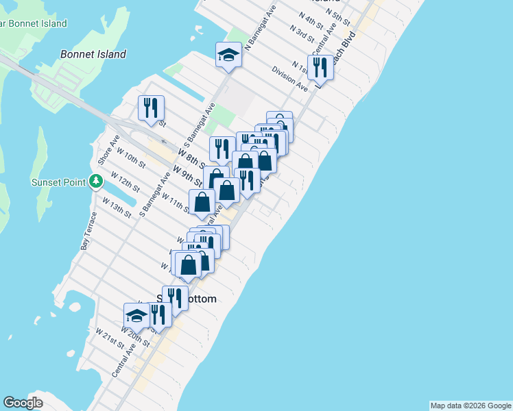 map of restaurants, bars, coffee shops, grocery stores, and more near 802 Long Beach Boulevard in Ship Bottom