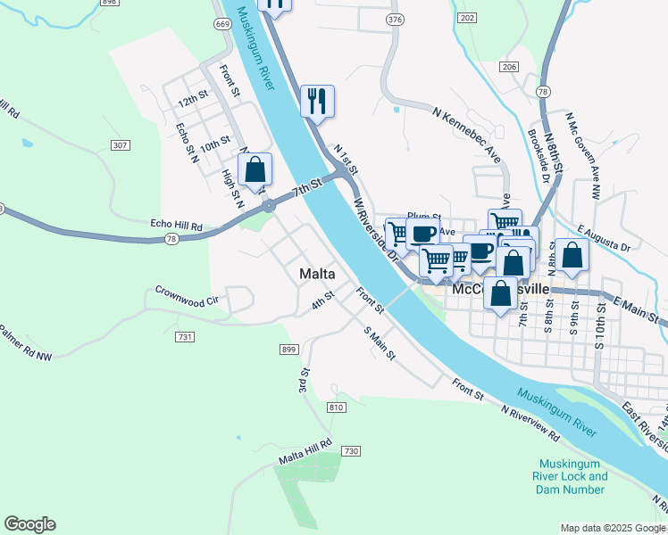 map of restaurants, bars, coffee shops, grocery stores, and more near 15 5th Street in Malta