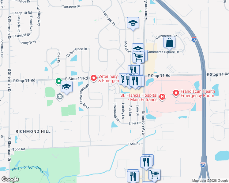 map of restaurants, bars, coffee shops, grocery stores, and more near 8035 Preidt Place in Indianapolis