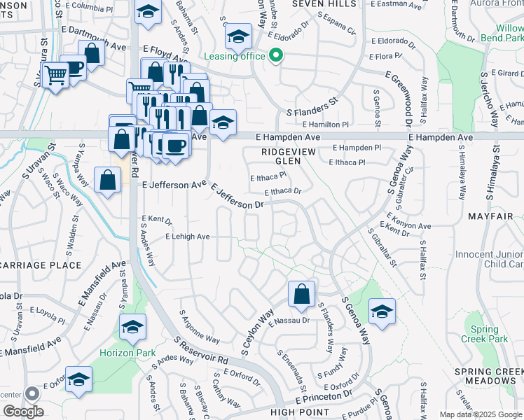 map of restaurants, bars, coffee shops, grocery stores, and more near 3660 S Cathay Cir in Aurora