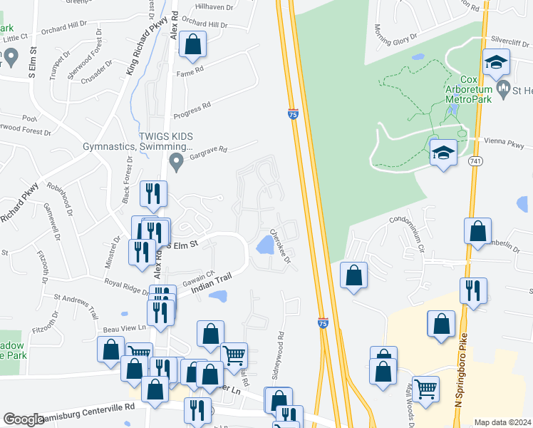 map of restaurants, bars, coffee shops, grocery stores, and more near 1100 Eagle Nest Court in West Carrollton