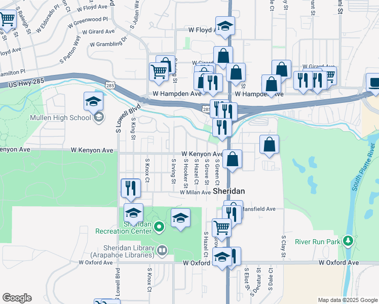 map of restaurants, bars, coffee shops, grocery stores, and more near 3690 South Hooker Street in Englewood