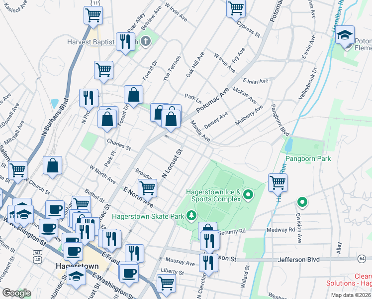 map of restaurants, bars, coffee shops, grocery stores, and more near 109 Fairground Avenue in Hagerstown