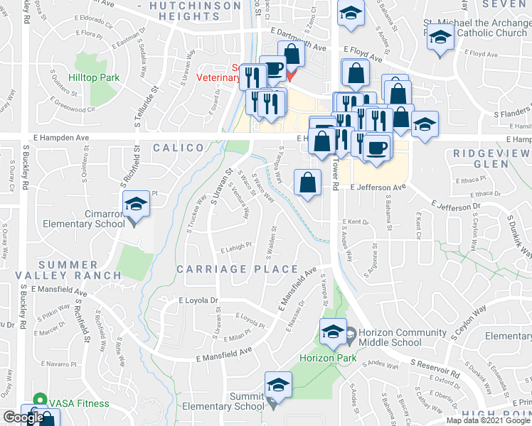 map of restaurants, bars, coffee shops, grocery stores, and more near 3726 South Waco Street in Aurora