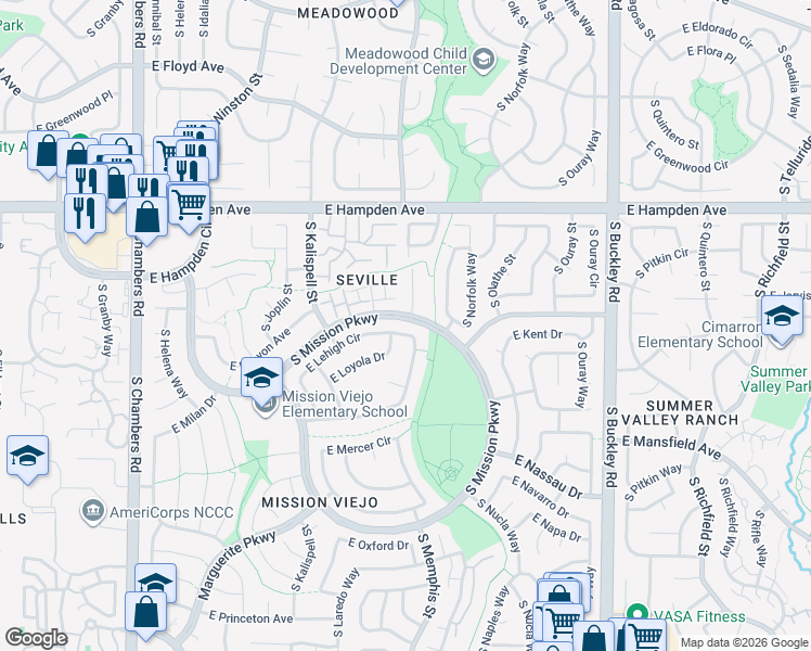 map of restaurants, bars, coffee shops, grocery stores, and more near 16055 East Lehigh Circle in Aurora