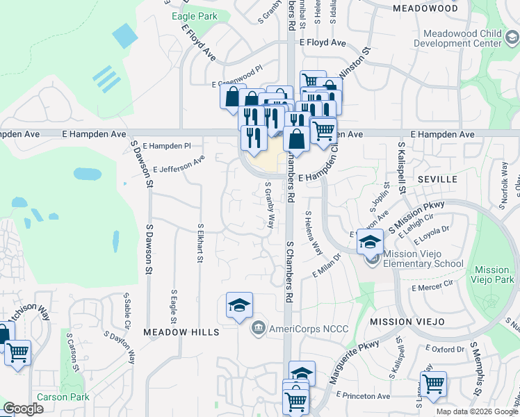 map of restaurants, bars, coffee shops, grocery stores, and more near 15146 East Jefferson Place in Aurora