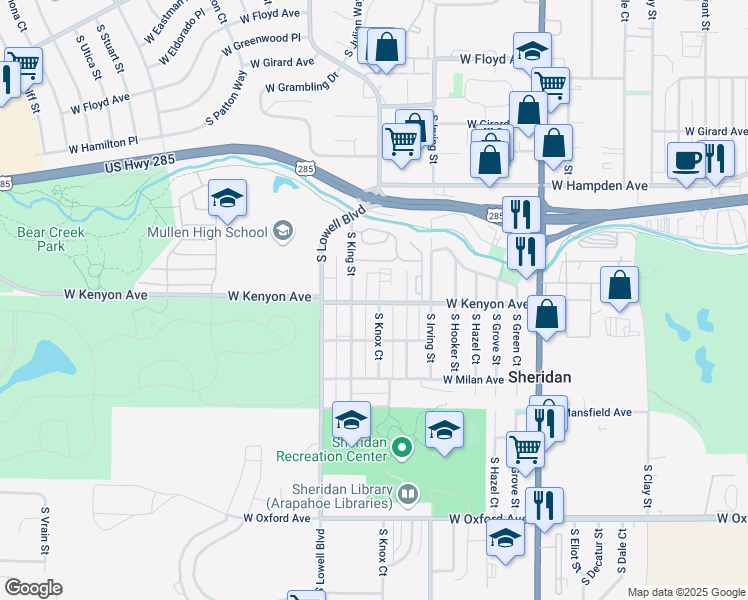 map of restaurants, bars, coffee shops, grocery stores, and more near 3670 South King Street in Denver