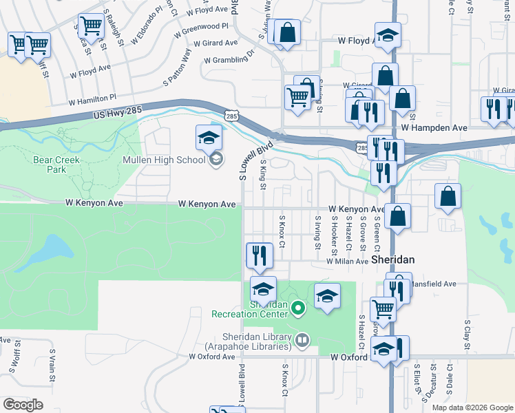 map of restaurants, bars, coffee shops, grocery stores, and more near 3670 South King Street in Denver