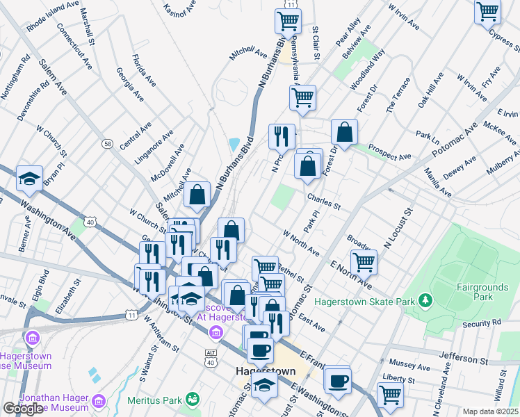 map of restaurants, bars, coffee shops, grocery stores, and more near 408 North Prospect Street in Hagerstown