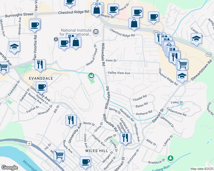 map of restaurants, bars, coffee shops, grocery stores, and more near 877 Willowdale Road in Morgantown