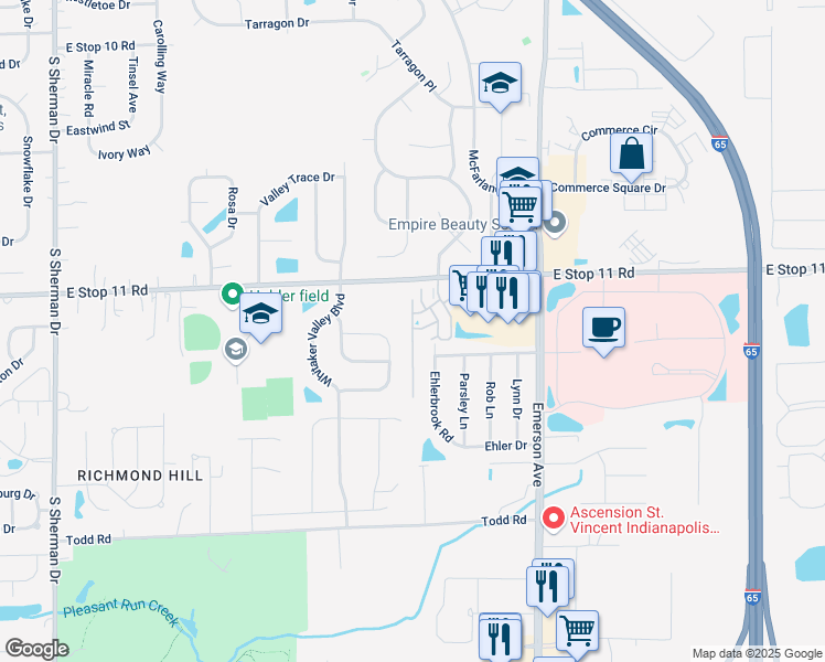 map of restaurants, bars, coffee shops, grocery stores, and more near 8101 Whitham Drive in Indianapolis
