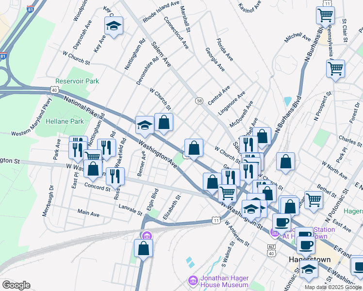 map of restaurants, bars, coffee shops, grocery stores, and more near 109 Alexander Street in Hagerstown