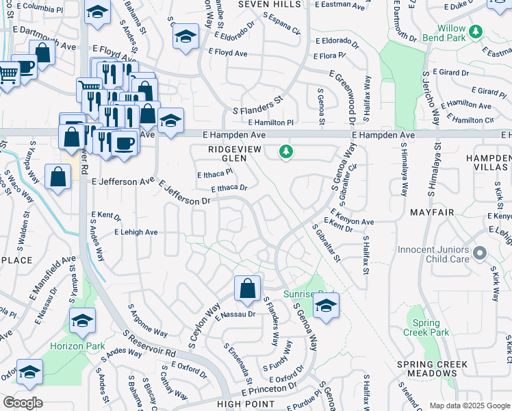 map of restaurants, bars, coffee shops, grocery stores, and more near 3705 S Ensenada St in Aurora