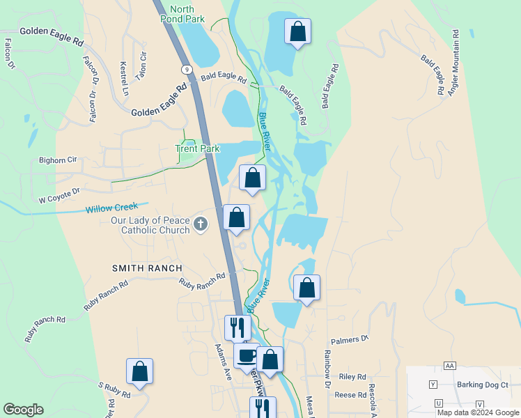 map of restaurants, bars, coffee shops, grocery stores, and more near 130 Creek Lane in Silverthorne