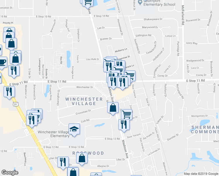 map of restaurants, bars, coffee shops, grocery stores, and more near 8040 Madison Avenue in Indianapolis