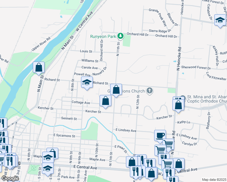 map of restaurants, bars, coffee shops, grocery stores, and more near 943 North 11th Street in Miamisburg
